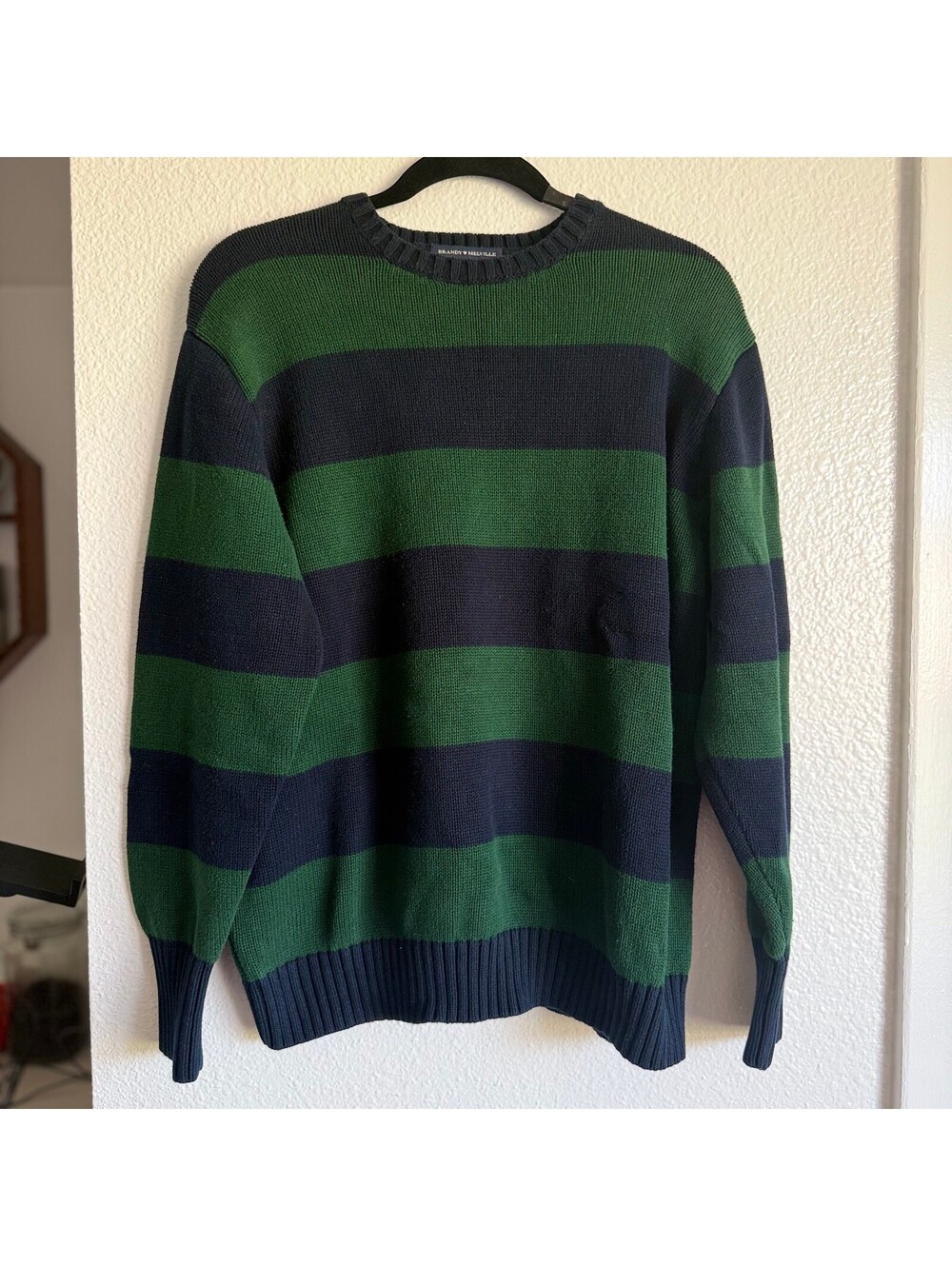 Brandy Melville Unisex Green Navy Striped 100% Cotton Knit Sweater